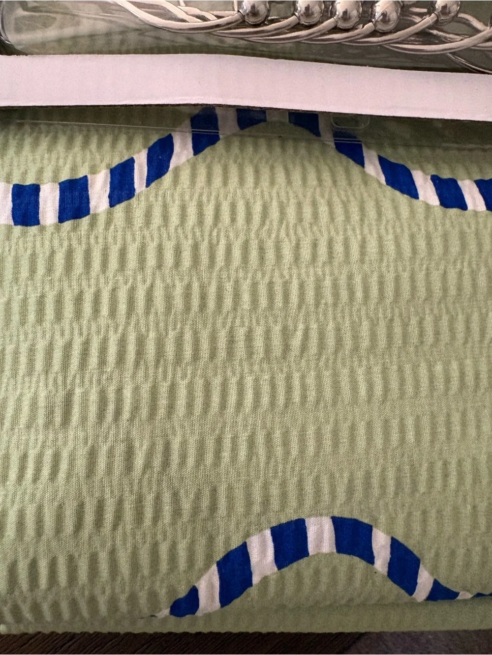 Room Essentials Light Green Waffle Shower Curtain with Blue Stripe Accents